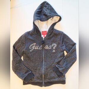 Guess Girls Black Sparkle Hooded Sweatshirt Faux Fur Lined Size 6